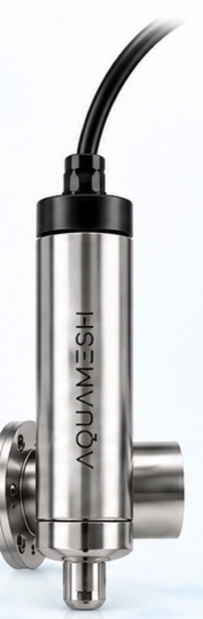 The AquaSpectra smart probe: a stainless-steel inline optical sensor with a flanged process connection and an AquaMesh-branded body.